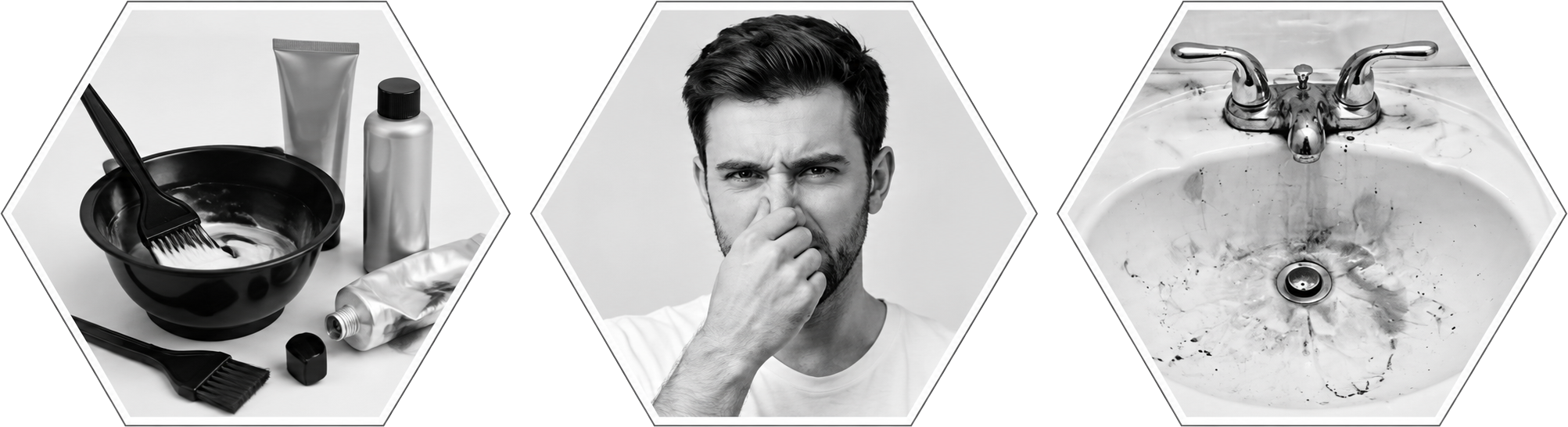 Three common friction points of traditional men's hair color: mixing, harsh odor, and mess